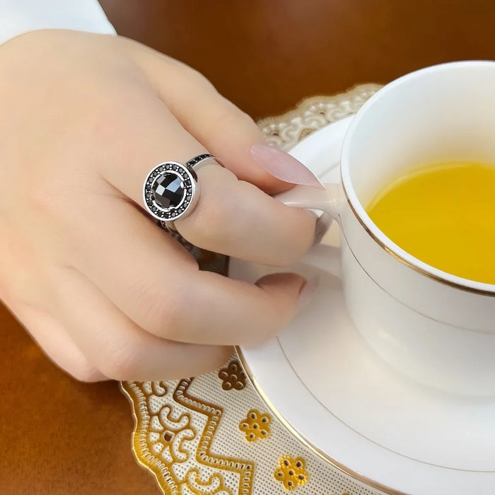 925 Sterling Silver Light Of Luna Black Solitaire Ring Europe Style Glam Fashion Jewelry