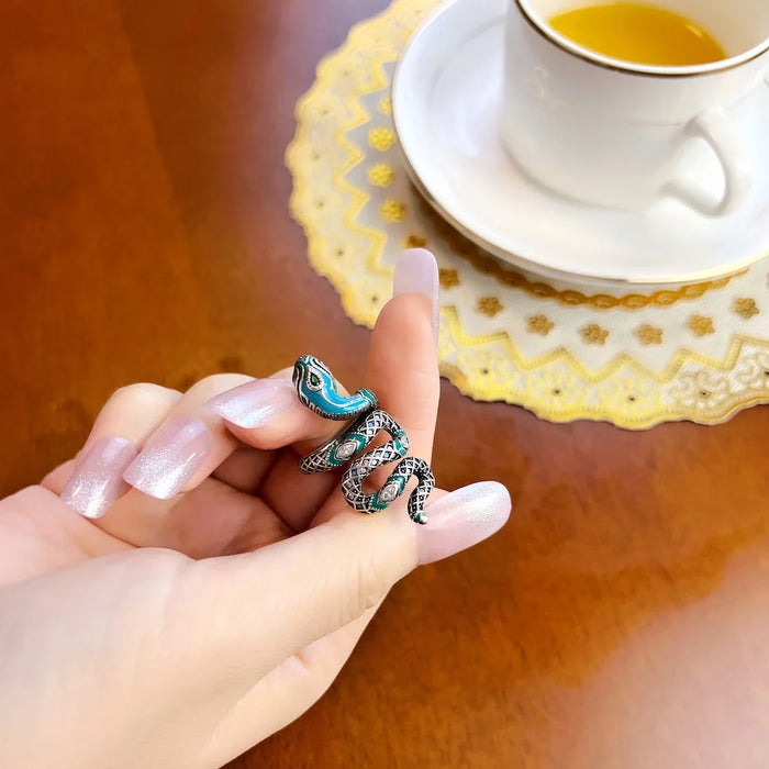 925 Sterling Silver Boho Blue Snake Pave Open Ring