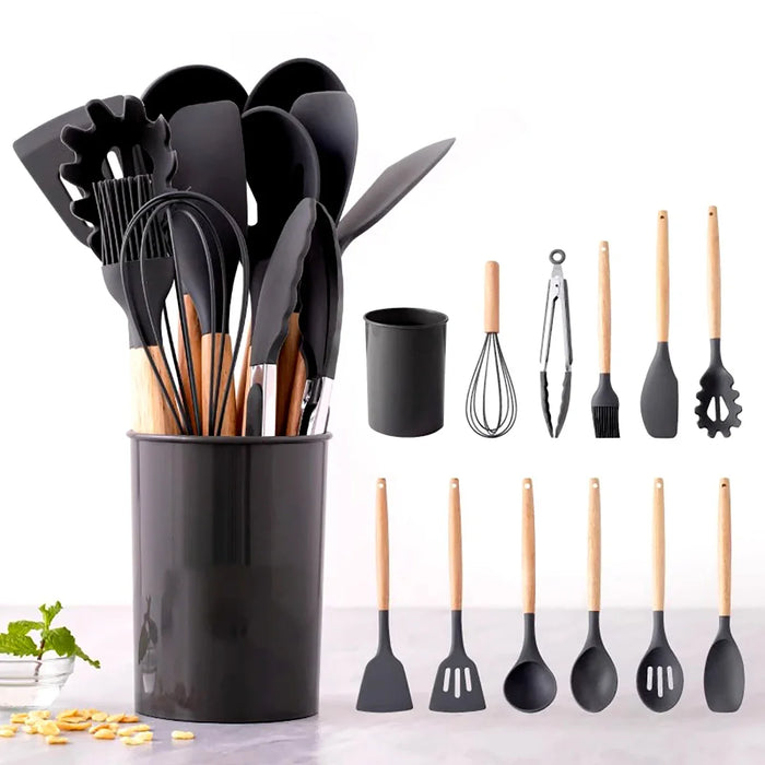 12 Piece Silicone Kitchen Utensil Set With Wooden Handle And Storage Bucket