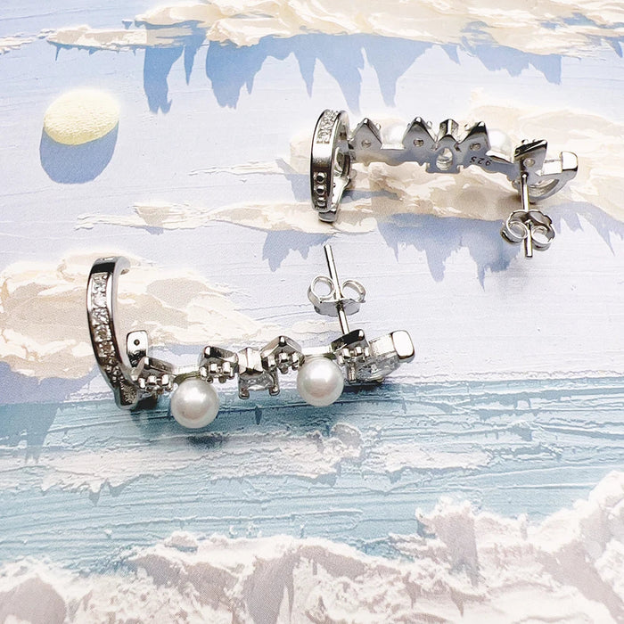 925 Sterling Silver Vintage Pearl & Crystal Stud Earrings