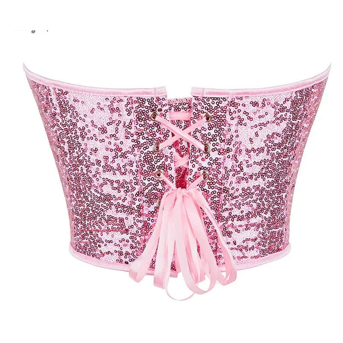 Sparkling Pink Back Lacing Bandage Strapless Corset Top Plus Size Underwear With Sequin Detailing