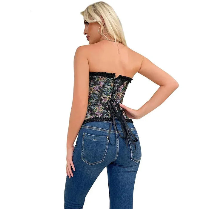 Floral Lace Trim Renaissance Corset With 6 Busk Closure Plus Size Xs-Xl