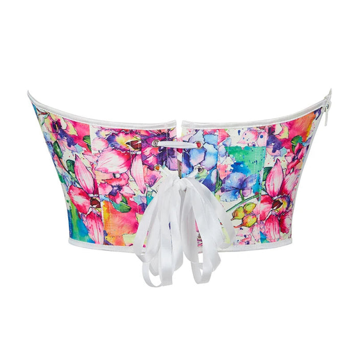 Floral Print Plus Size Corset Top Lotus Flower Pattern Zipper Closure