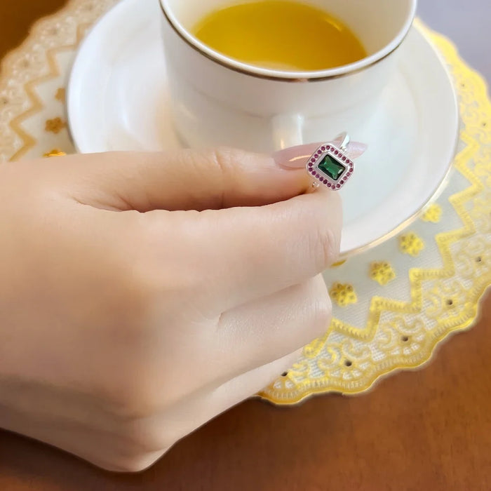 925 Sterling Silver Red & Green Stone Ring Fine Jewelry For Women