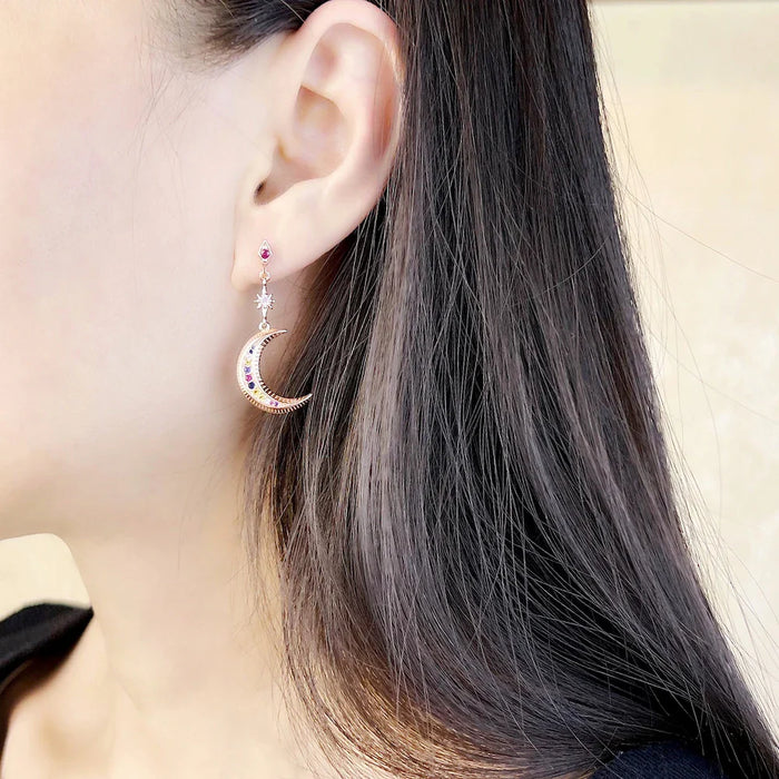 925 Sterling Silver Vintage Star & Moon Drop Earrings Rose Gold Women