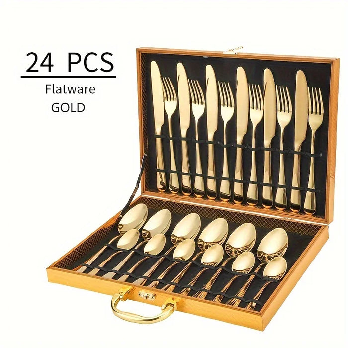 24 Piece Elegant Stainless Steel Flatware Set Black Classic Design Mirror Polish Dishwasher Safe