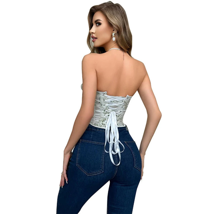 Floral Lace Trim Boned Corset Y2K Zipper Adjustable Flower Applique Full Breast Lifter Zip Up Cropped Top For Women