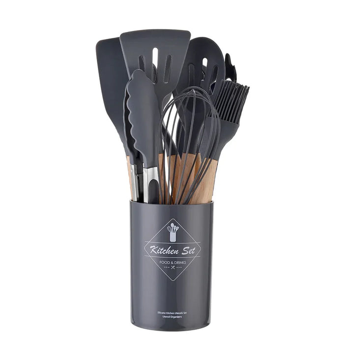 12 Piece Non Stick Silicone Kitchen Utensil Set With Wooden Handles