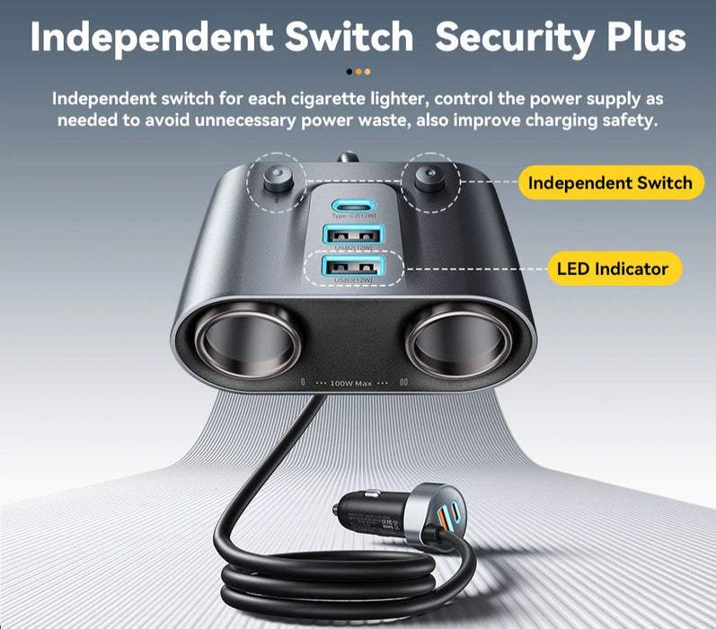 150W 5 Ports Usb C Car Charger 2 In 1 100W Dual Cigarette Lighter Splitter Qc 3.0 Pd 3.0 Fast Charging For Mobile Phone
