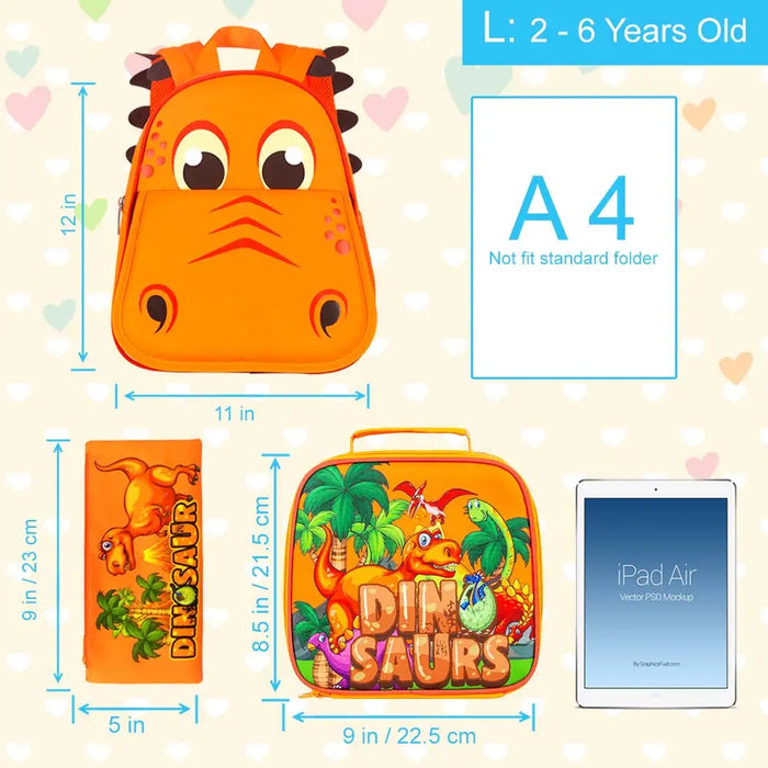 3 Piece Dinosaur Backpack Lunch Box Set For Boys 12 Preschool Bookbag