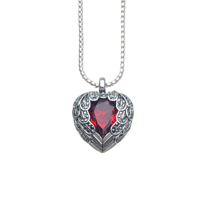 925 Sterling Silver Red Winged Heart Pendant Necklace European Style Fashion Jewelry For Women