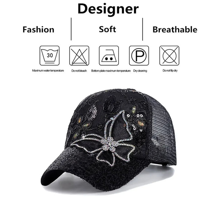 Glitter Butterfly Lace Baseball Cap Adjustable Sun Hat For Spring / Summer