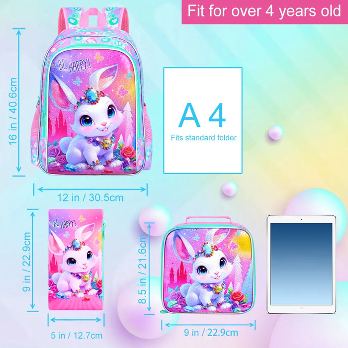 3 Piece Girls Backpack Set 16 Inch Bookbag With Lunch Box For Elementary School