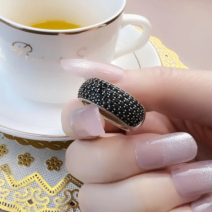 925 Sterling Silver Black Pave Band Ring Classic Europe Style Fine Jewelry For Men & Women