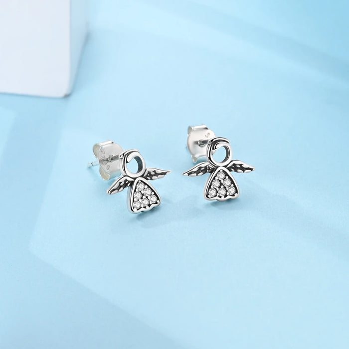 925 Sterling Silver Sparkling Angel Earrings Studs For Women