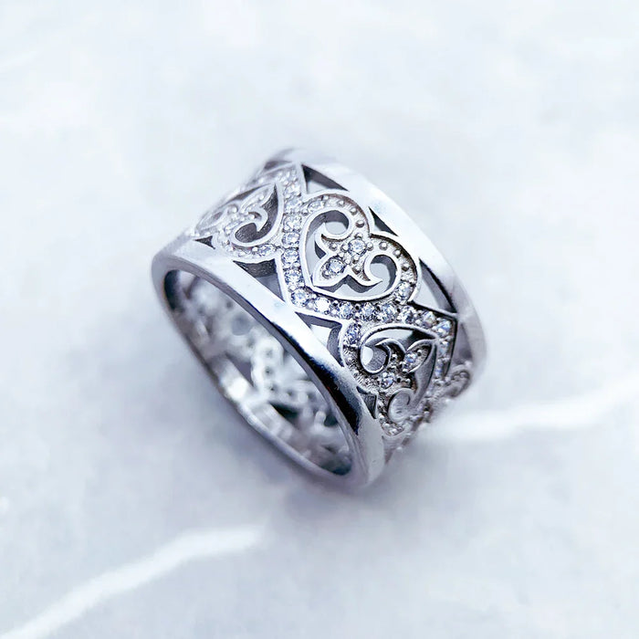 925 Sterling Silver Arabesque Hearts Band Ring Europe Style Glam Fashion Jewelry For Women