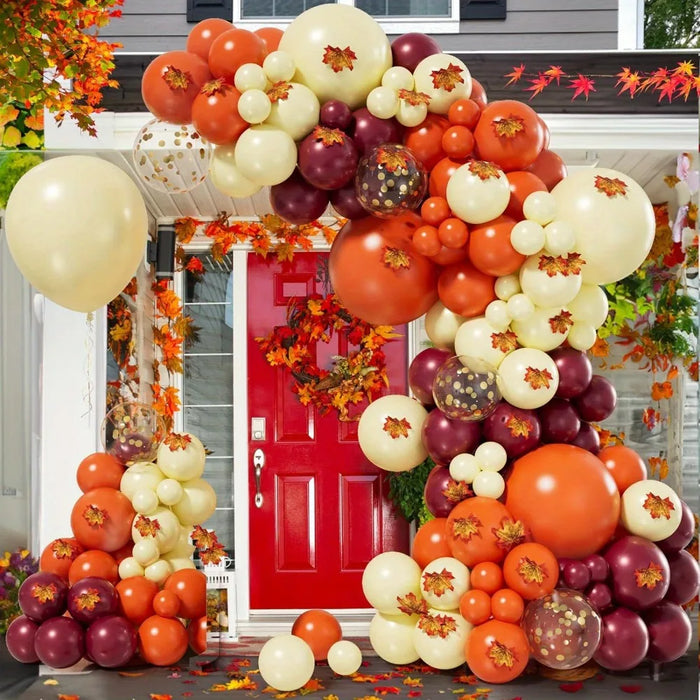 193Pcs Fall Themed Parties Decorated With Balloons And Maple Leaf Decorations For Dances Cocktail Parties And Thanksgiving
