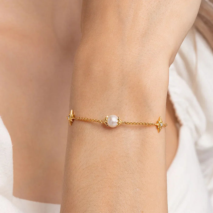 925 Sterling Silver Gold Star Pearl Bracelet Boho Jewelry For Women