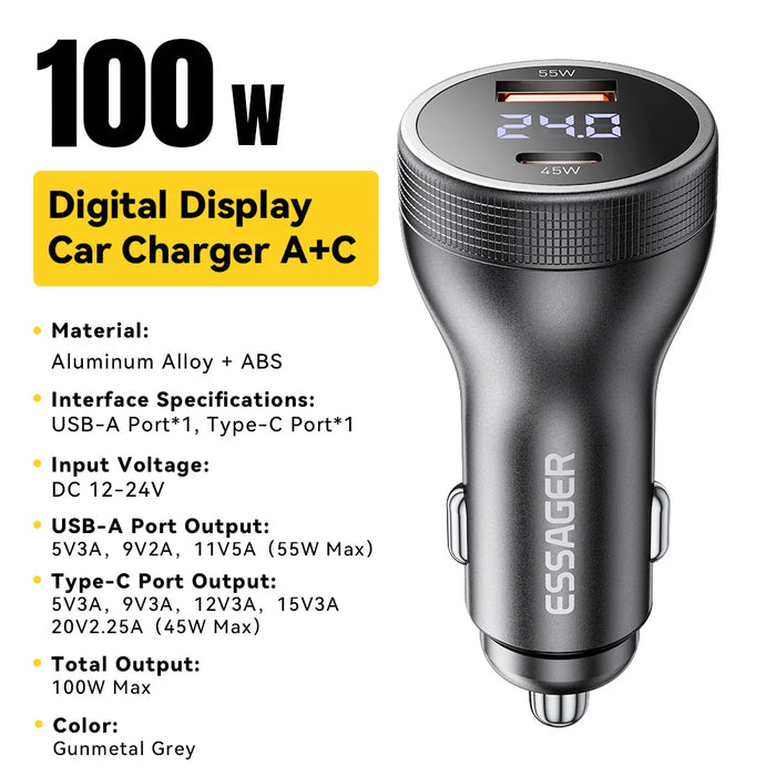 100W Usb C Car Charger Pd3.0 Fast Charging Quick Charge 4.0 Adapter For Iphone 16 Macbook Xiaomi Laptop Digital Dispaly