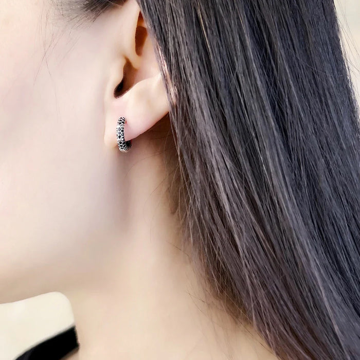 925 Sterling Silver Bamboo Black Creole Hinged Hoop Earrings Europe Glam Fine Jewelry For Women & Men