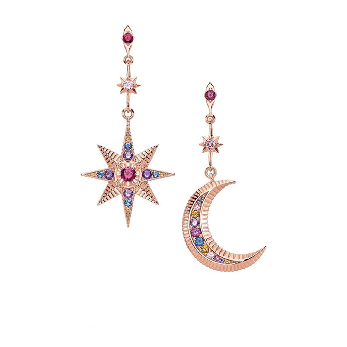 925 Sterling Silver Vintage Star & Moon Drop Earrings Rose Gold Women