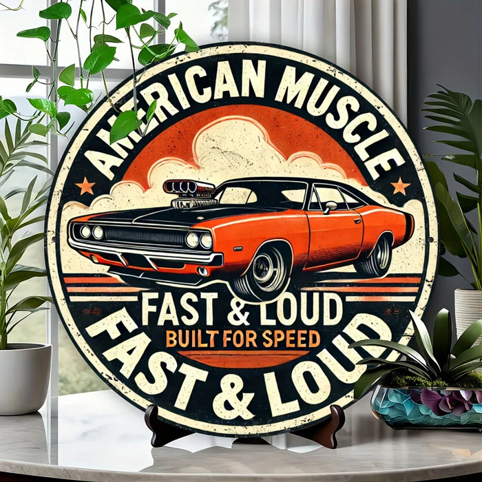 Vintage Race Car Metal Sign 8X8 Inch Inch Round Wall Art
