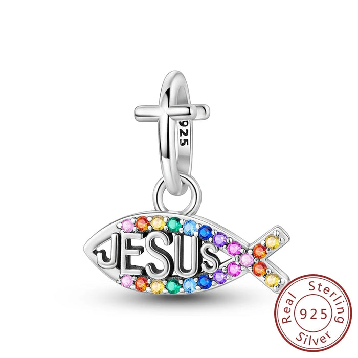 925 Sterling Silver Jesus & Fish Pendant Fits Bracelet Diy Gift