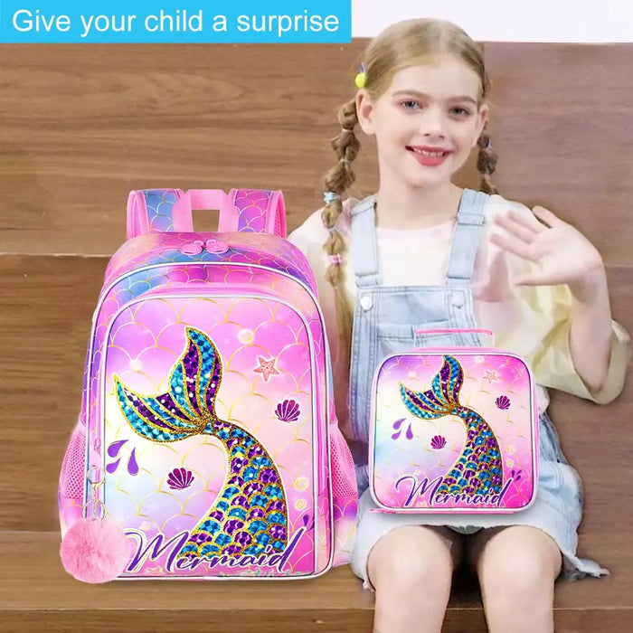 3 Piece Mermaid Backpack Set For Girls Water Resistant With Lunch Box L For Preschool And Toddler