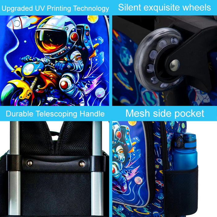 3 Piece Astronaut Rolling Backpack For Boys Water Resistant Uv Printed Fits Kids School Travel