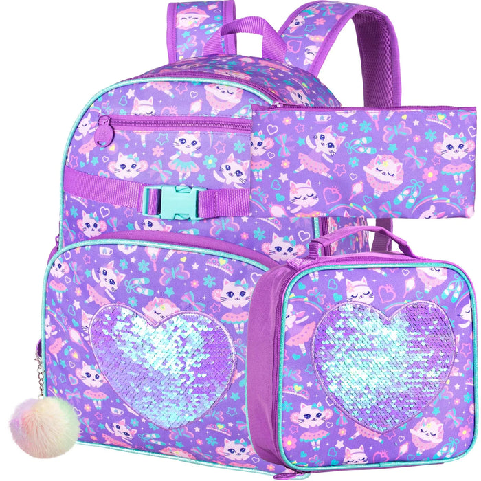 3 Piece Unicorn Backpack Set For Girls 16 Bookbag Lunch Box Sequin Design