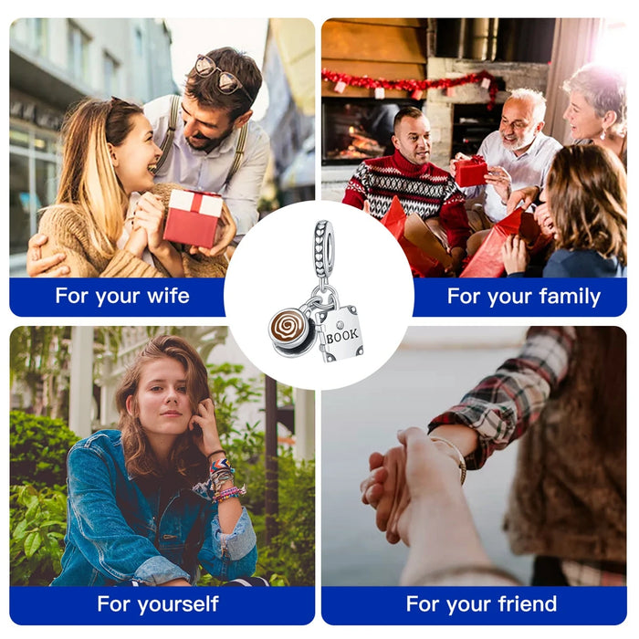 925 Sterling Silver Coffee Cup Book Pendant Fits Bracelet Women Diy Gift