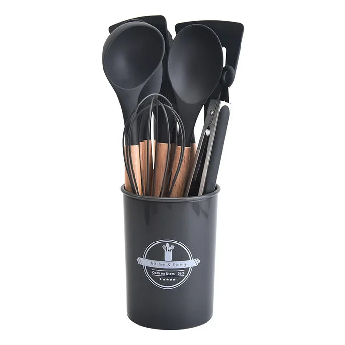 12 Piece Non Stick Silicone Kitchen Utensil Set With Wooden Handles