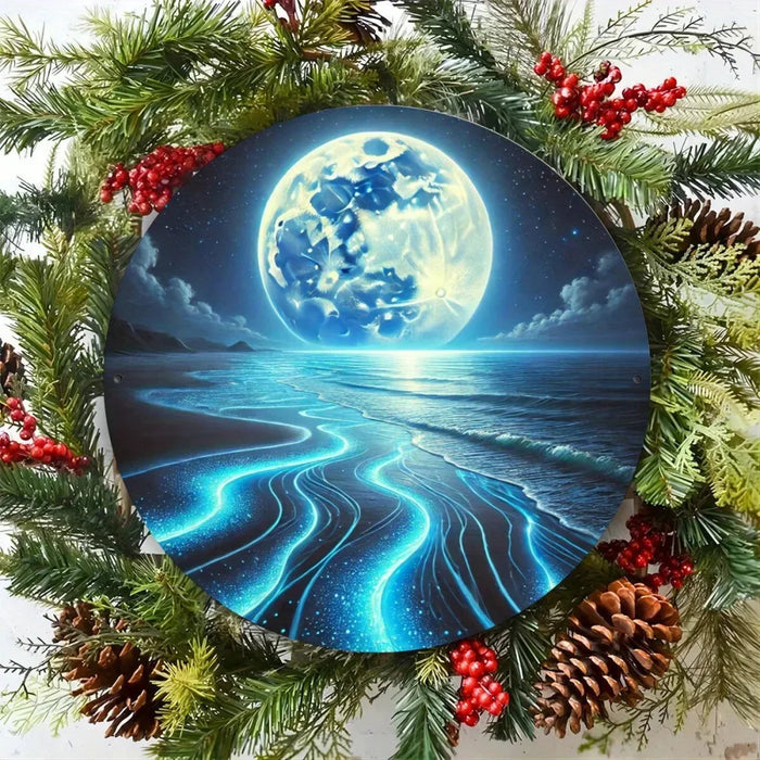 8 Round Metal Tin Sign Ocean Sky & Full Moon Wall Art With Blue Waves & Starry Night Design