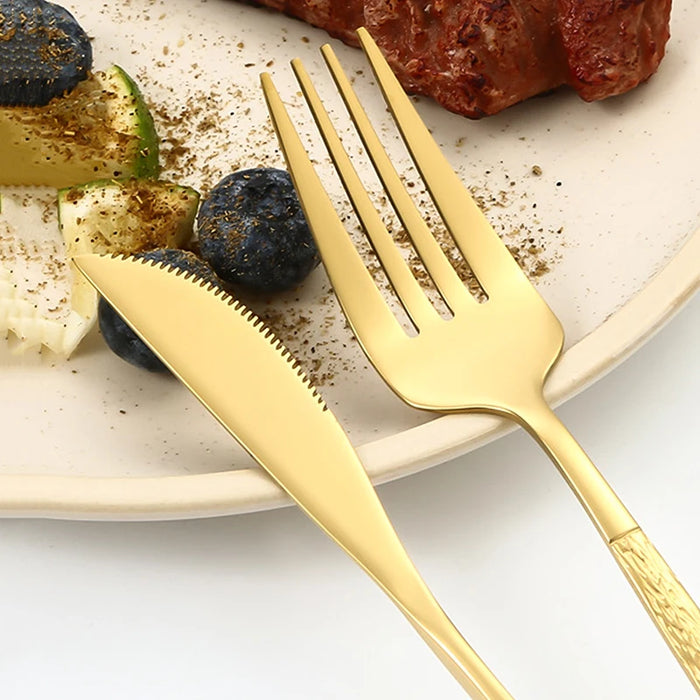 30 Piece Gold Hammered Stainless Steel Cutlery Set Dishwasher Safe