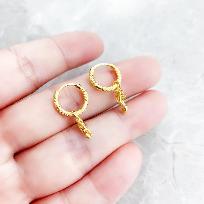 925 Sterling Silver Gold Seahorse Hinged Hoop Earrings