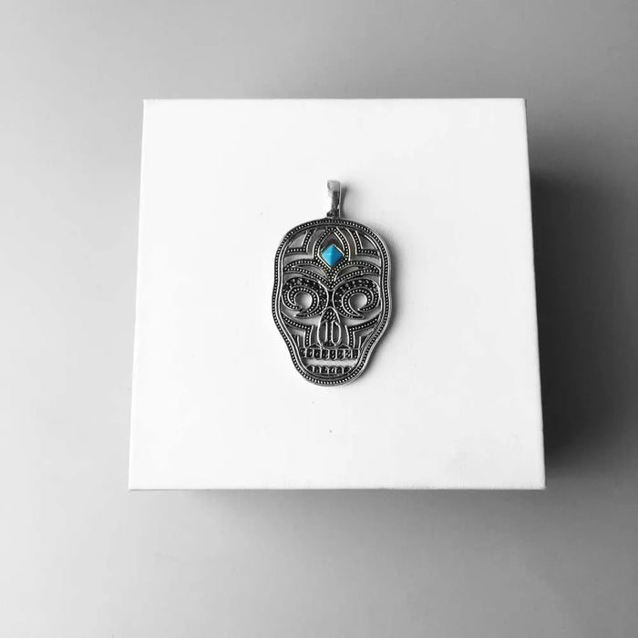 925 Sterling Silver Blue Stone Skull Mask Pendant Rebel Street Jewelry For Men & Women