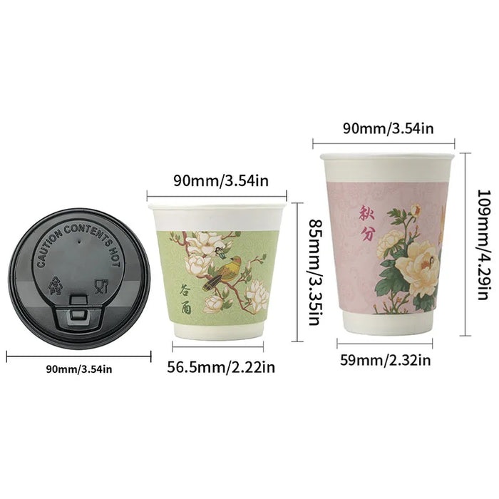 16 / 32 Piece Insulated Floral Paper Cups With Lids 8 / 12Oz