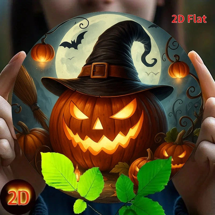 Vintage Halloween Witch & Pumpkin Lanterns Iron Sign Spooky Night Scene