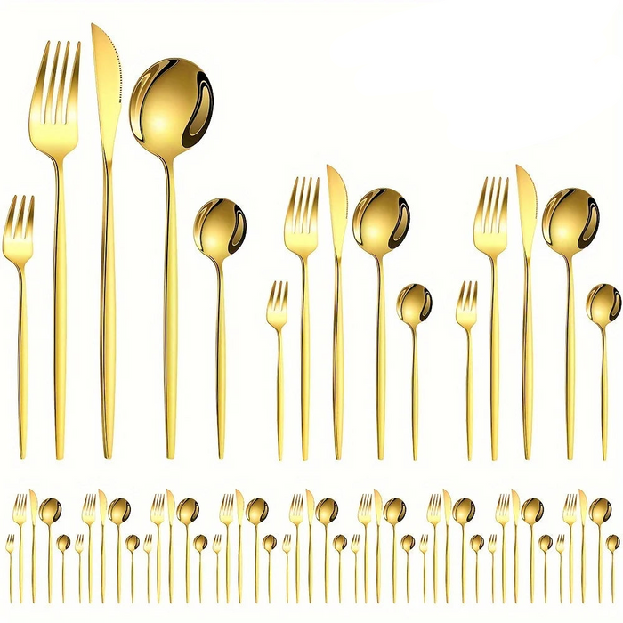 60 Piece Stainless Steel Golden Cutlery Set Mirror Polished Dishwasher Safe