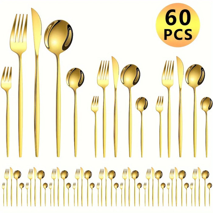 60 Piece Stainless Steel Golden Cutlery Set Mirror Polished Dishwasher Safe