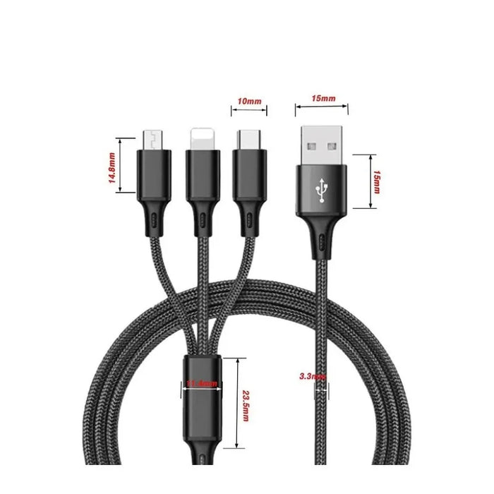 3 In 1 Nylon Braided 1.2M Fast Charging Cable