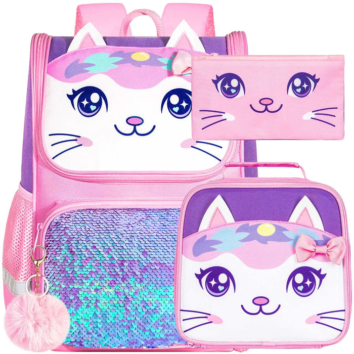 3 Piece Sequin Backpack Set For Kids Unicorn Dinosaur Cat