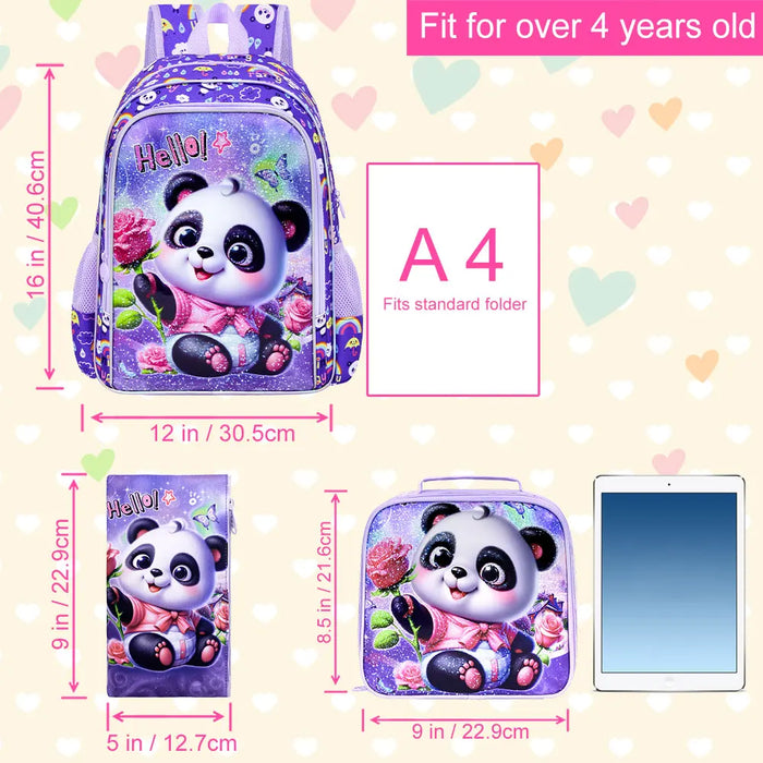 16 Inch Girls Panda Backpack Set With Lunch Box