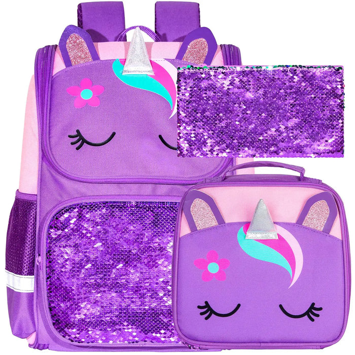 3 Piece Sequin Unicorn Dinosaur Design 15 Inch Bookbag Backpack Set For Kids