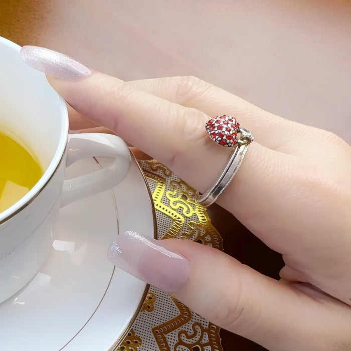 925 Sterling Silver Romantic Gift Red Heart Pave Ring