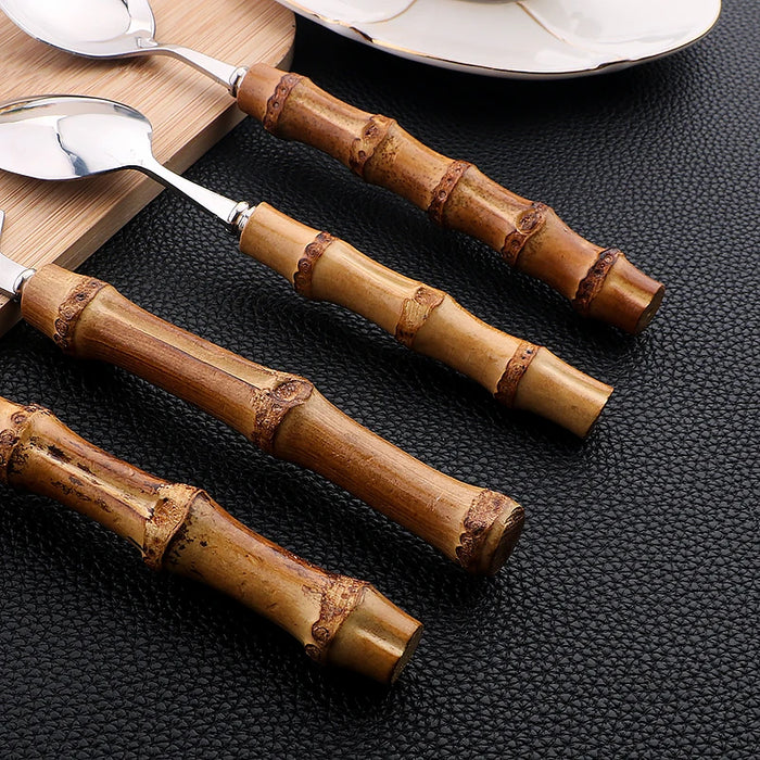 24 Piece Bamboo Handle Stainless Steel Cutlery Set