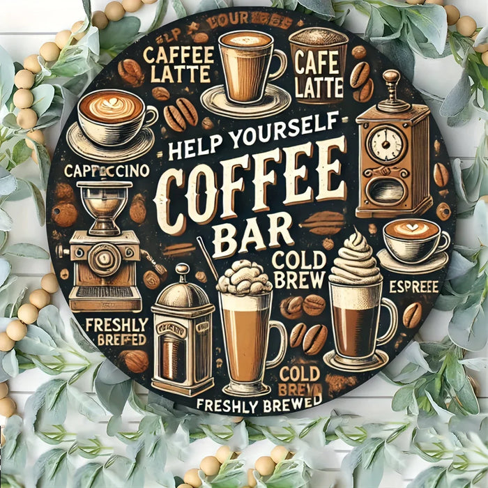 Rustic Coffee Bar Sign Circular Wall Art For Home Garden & Cafe