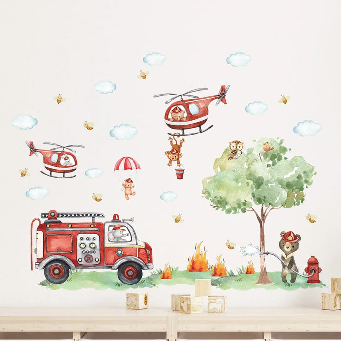 Adorable Animal Fire Truck Wall Decals For Kids Room