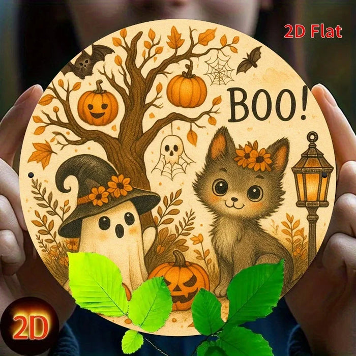 Vintage Round Iron Sign Cozy Halloween & Christmas Scene With Ghosts And Puppy