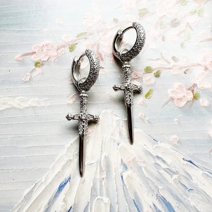 925 Sterling Silver Vintage Zircon Cross Hoop Earrings Men / Women